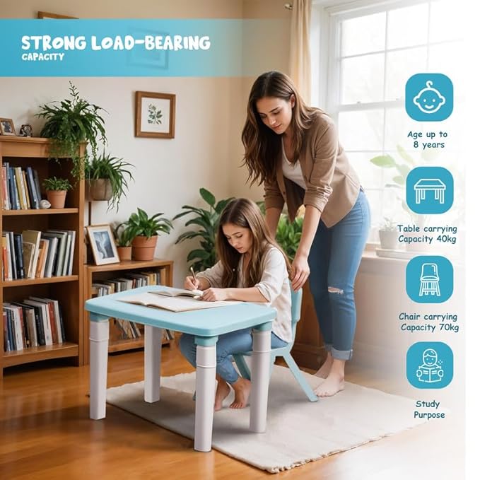HAPPY BEAR Table and Chair Set for Kids Strong & Durable Plastic Made Rectangle Table with Box Space for Stationery 3 Level Height Adjustable (Blue)