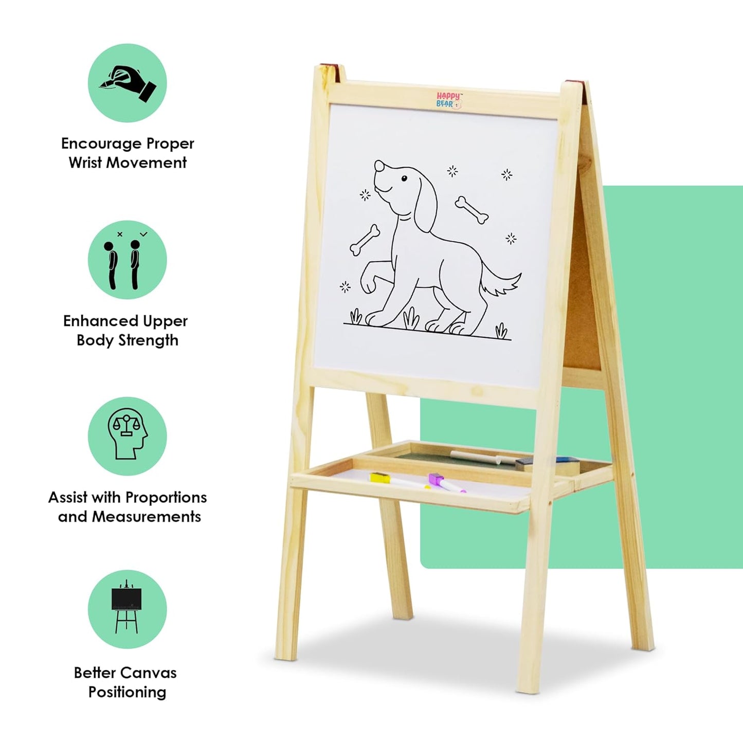 Happy Bear 2 in 1 Wooden White Dry Erase Easel Board and Chalkboard with Marker, Duster & Chalk | Standing Easel Board for Kids | Writing Board for Kids | H40CM*L79CM | Educational Toy
