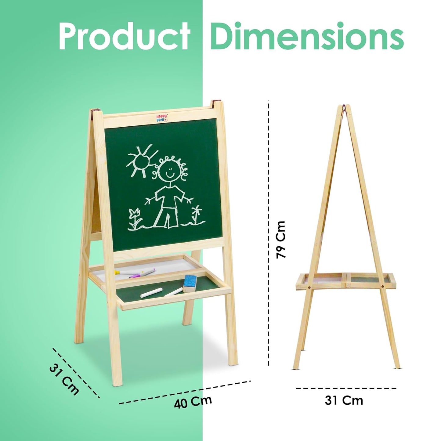 Happy Bear 2 in 1 Wooden White Dry Erase Easel Board and Chalkboard with Marker, Duster & Chalk | Standing Easel Board for Kids | Writing Board for Kids | H40CM*L79CM | Educational Toy