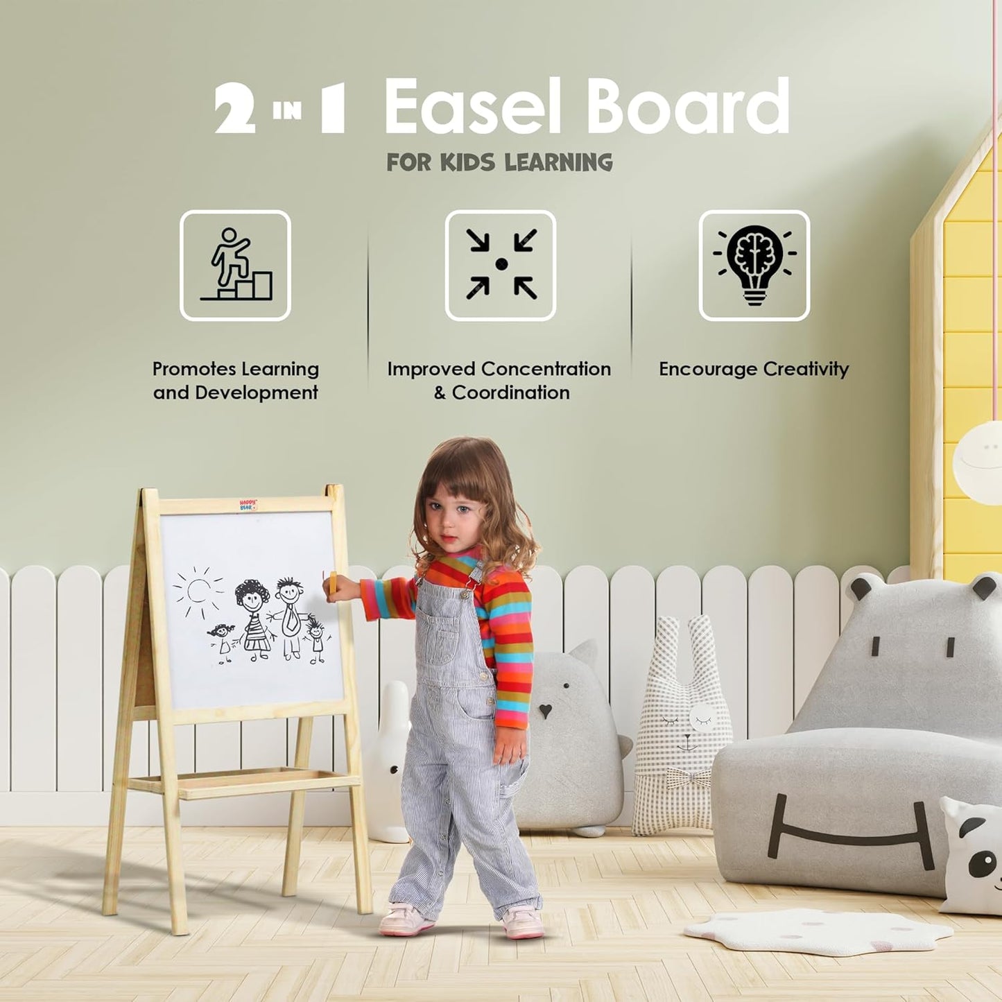 Happy Bear 2 in 1 Wooden White Dry Erase Easel Board and Chalkboard with Marker, Duster & Chalk | Standing Easel Board for Kids | Writing Board for Kids | H40CM*L79CM | Educational Toy