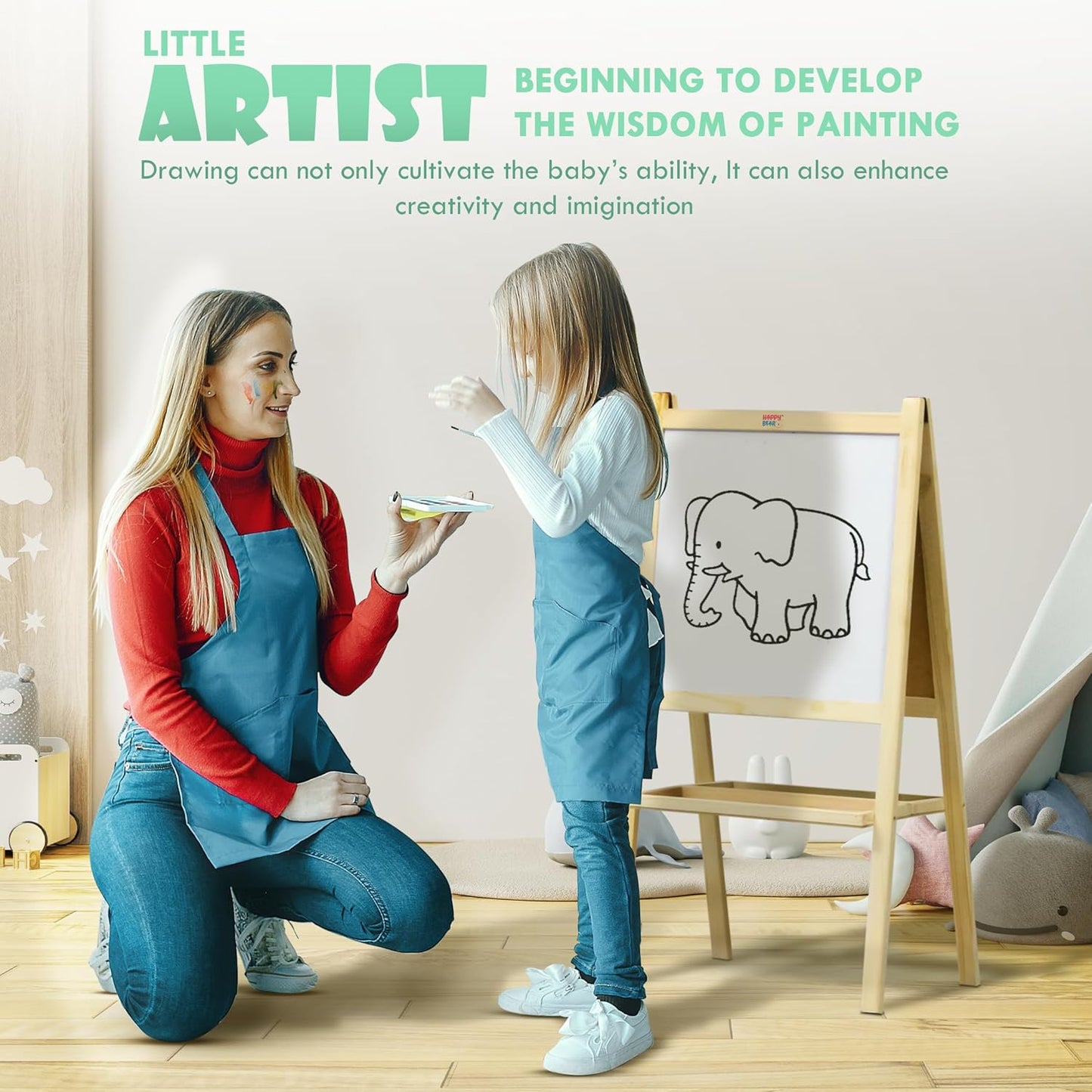 Happy Bear 2 in 1 Wooden White Dry Erase Easel Board and Chalkboard with Marker, Duster & Chalk | Standing Easel Board for Kids | Writing Board for Kids | H40CM*L79CM | Educational Toy