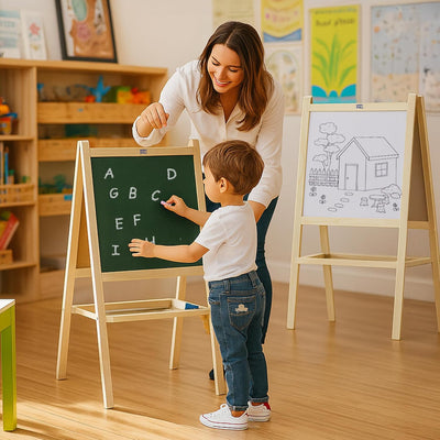Happy Bear 2 in 1 Wooden White Dry Erase Easel Board and Chalkboard with Marker, Duster & Chalk | Standing Easel Board for Kids | Writing Board for Kids | H40CM*L79CM | Educational Toy