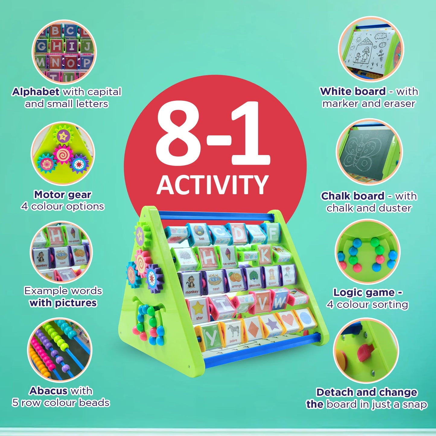 8-in-1 Activity Triangle Toy | Learn English Alphabets, Tamil Letters, States & capitals of India, Abacus, Draw & Writing Board, Clock & Spin Gears – Best Activity Toy for Preschoolers