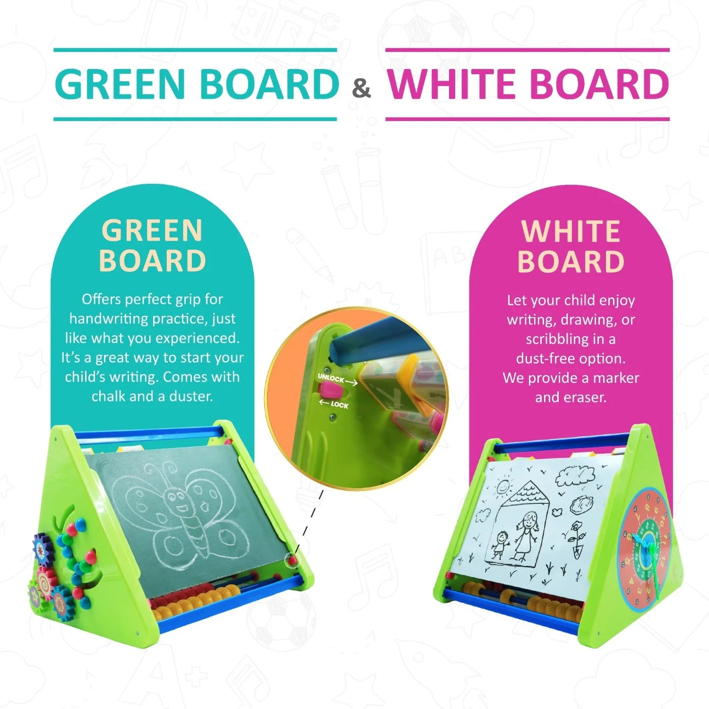 8-in-1 Activity Triangle Toy | Learn English Alphabets, Tamil Letters, States & capitals of India, Abacus, Draw & Writing Board, Clock & Spin Gears – Best Activity Toy for Preschoolers