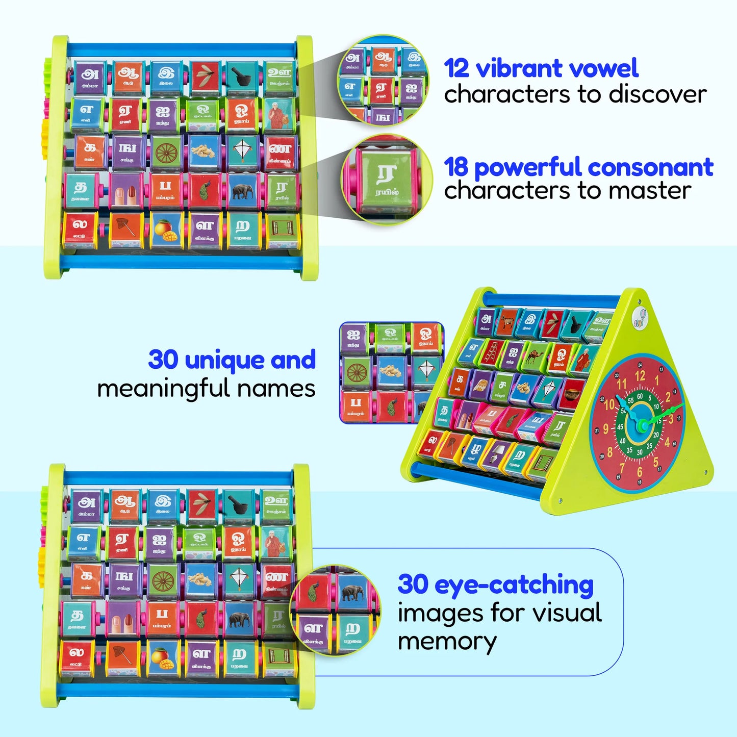 8-in-1 Activity Triangle Toy | Learn English Alphabets, Tamil Letters, States & capitals of India, Abacus, Draw & Writing Board, Clock & Spin Gears – Best Activity Toy for Preschoolers