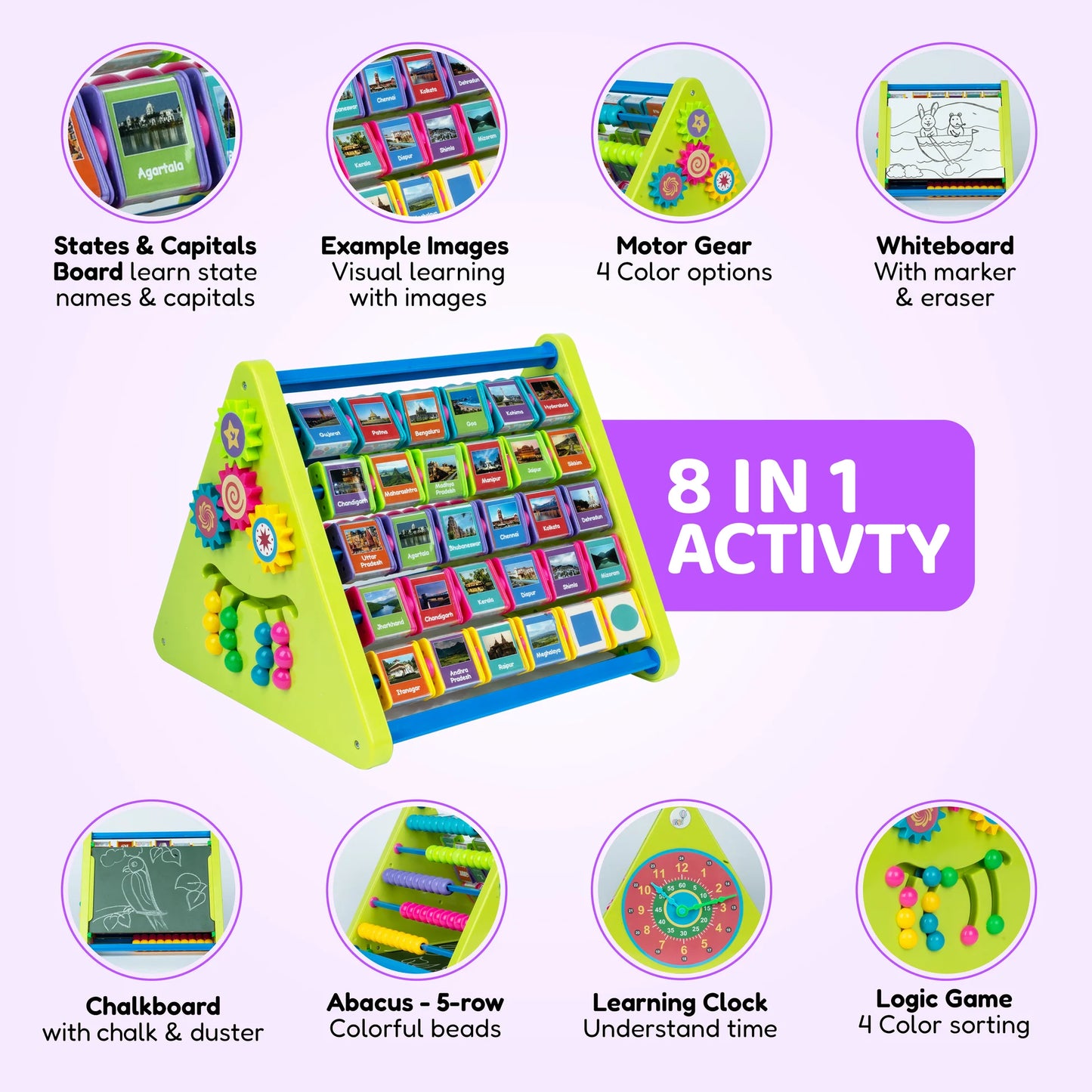 8-in-1 Activity Triangle Toy | Learn English Alphabets, Tamil Letters, States & capitals of India, Abacus, Draw & Writing Board, Clock & Spin Gears – Best Activity Toy for Preschoolers