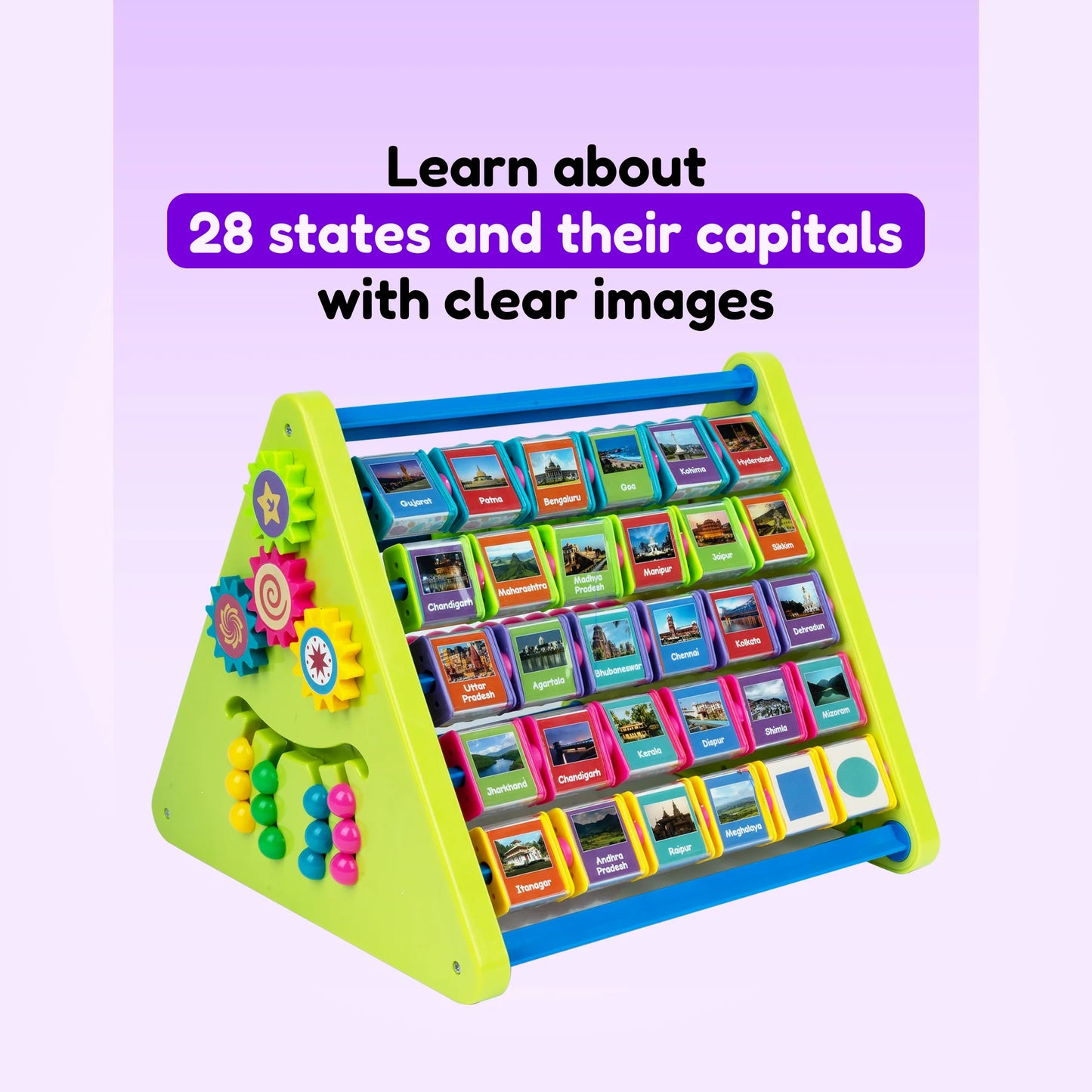 8-in-1 Activity Triangle Toy | Learn English Alphabets, Tamil Letters, States & capitals of India, Abacus, Draw & Writing Board, Clock & Spin Gears – Best Activity Toy for Preschoolers