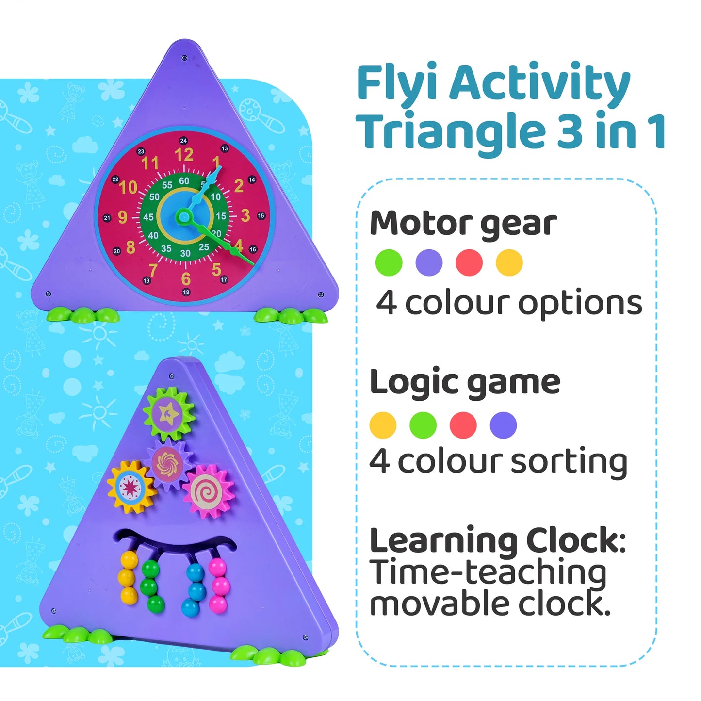 FLYI 3 in 1 Activity Triangle Toy | Educational Toys for Two Year Olds – Best Montessori | Fun Learning Toys, Logic Puzzle Game, Spin Gear, Activity Clock (Violet)