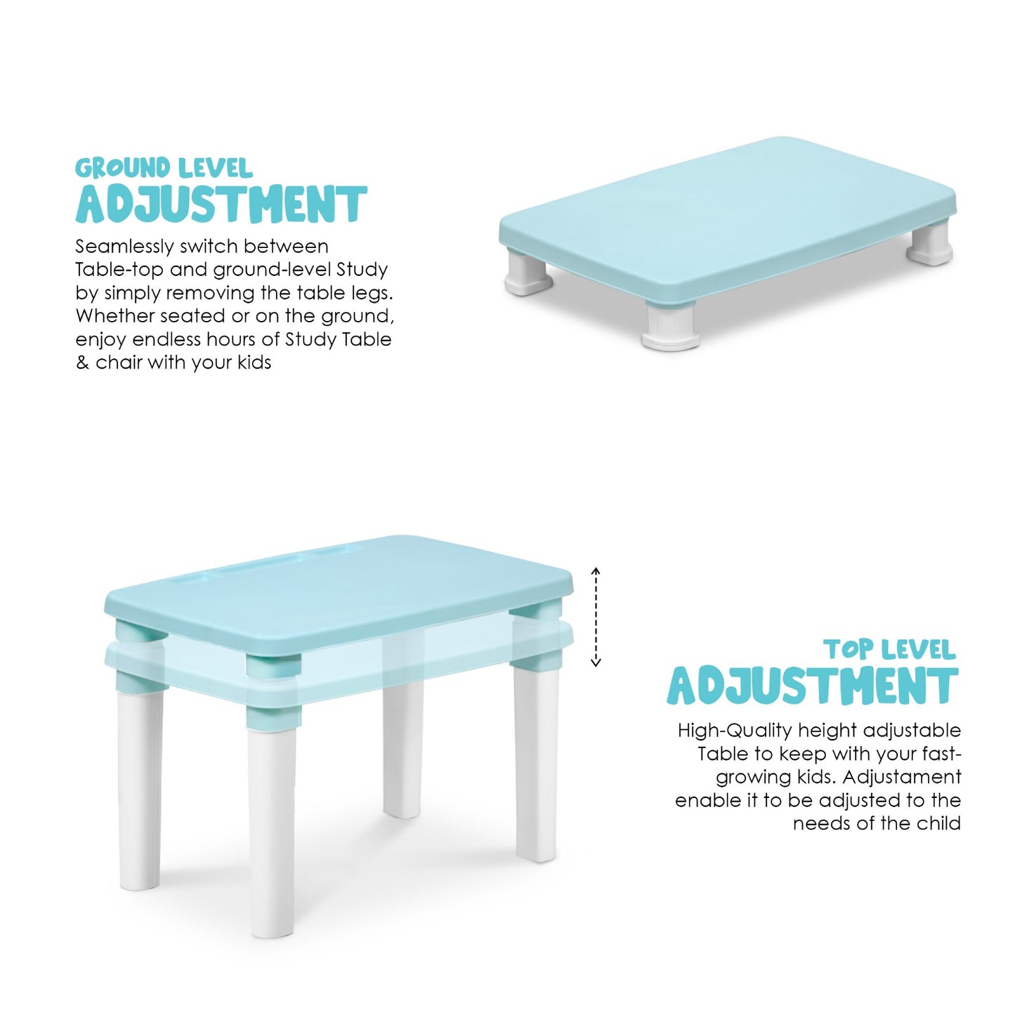 HAPPY BEAR Table and Chair Set for Kids Strong & Durable Plastic Made Rectangle Table with Box Space for Stationery 3 Level Height Adjustable (Blue)